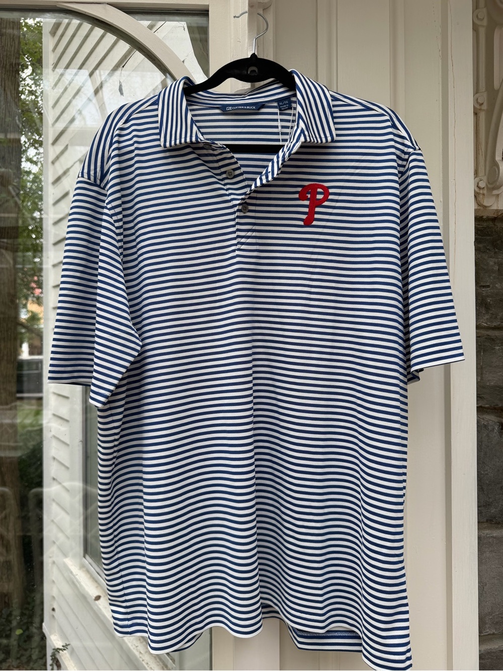 Men's Blue & White Striped Polo with Red Philadelphia Phillies Logo